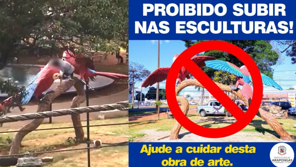 Após flagrantes de pessoas subindo em esculturas em Arapongas prefeitura faz pedido