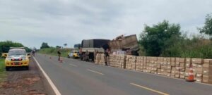 Caminhão carregado com cigarros tomba na PR 492