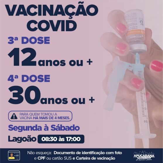 Apucarana aplica 4ª dose contra Covid a partir de 30 anos; saiba mais