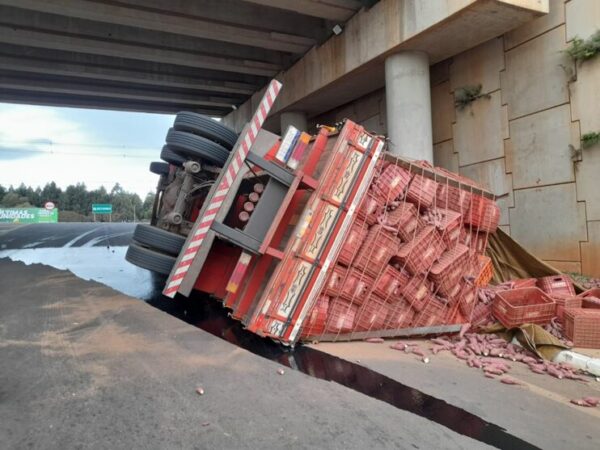 Caminhão carregado de batata-doce tomba em marginal da BR-376 em Mauá da Serra