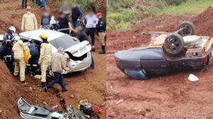 Carro parte ao meio e duas pessoas ficam gravemente feridas na PR-562