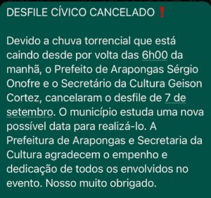 Arapongas – Desfile Cívico de 7 de setembro foi cancelado por conta das chuvas!