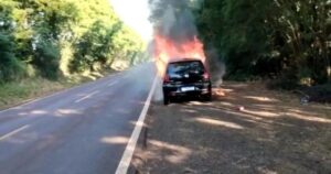 Veículo fica destruído em incêndio na rodovia PR- 495