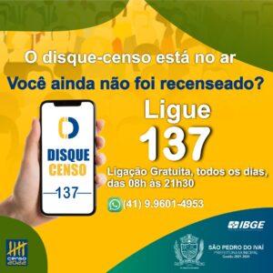 Moradores de São Pedro que ainda não responderam o Censo podem agendar pelo 137