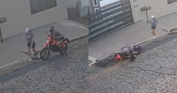 Vídeo flagra queda de motoqueiro após apalpar pedestre, no Paraná