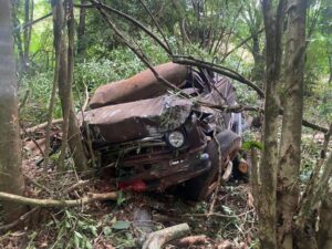 Motorista sobrevive após caminhão cair de ribanceira em Cambira