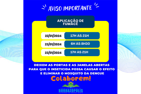Prefeitura de Borrazópolis Informa! ALERTA: Aplicação de fumacê hoje e amanhã