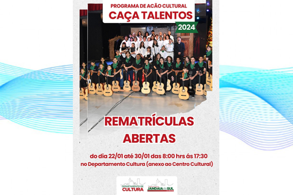 O Departamento de Cultura de Jandaia está lançando a Rematrícula para o Programa Ação Cultural – Caça Talento 2024.