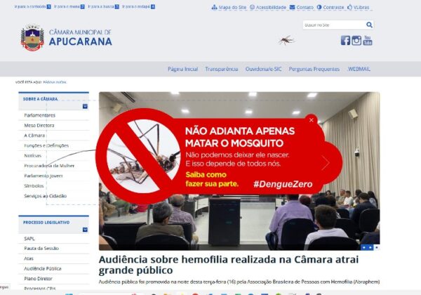 Site da Câmara de Apucarana lança ação de combate ao mosquito da dengue