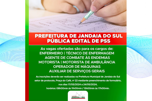 Prefeitura de Jandaia do Sul divulga edital para processo seletivo simplificado do departamento de saúde