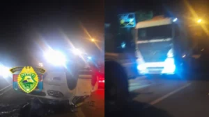 S10 fica de ‘ponta-cabeça’ após acidente com carreta na PR-444 em Arapongas