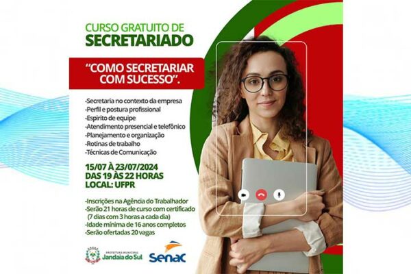 Prefeitura de Jandaia do Sul em parceria com SENAC está ofertando um curso gratuito de secretariado