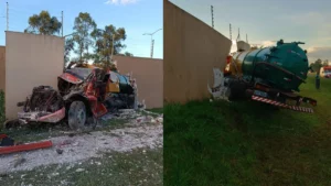 Caminhão-tanque colide contra muro e deixa três feridos em Arapongas