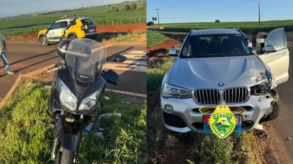 Colisão entre moto e BMW deixa duas pessoas feridas na PR-170 em Cambira